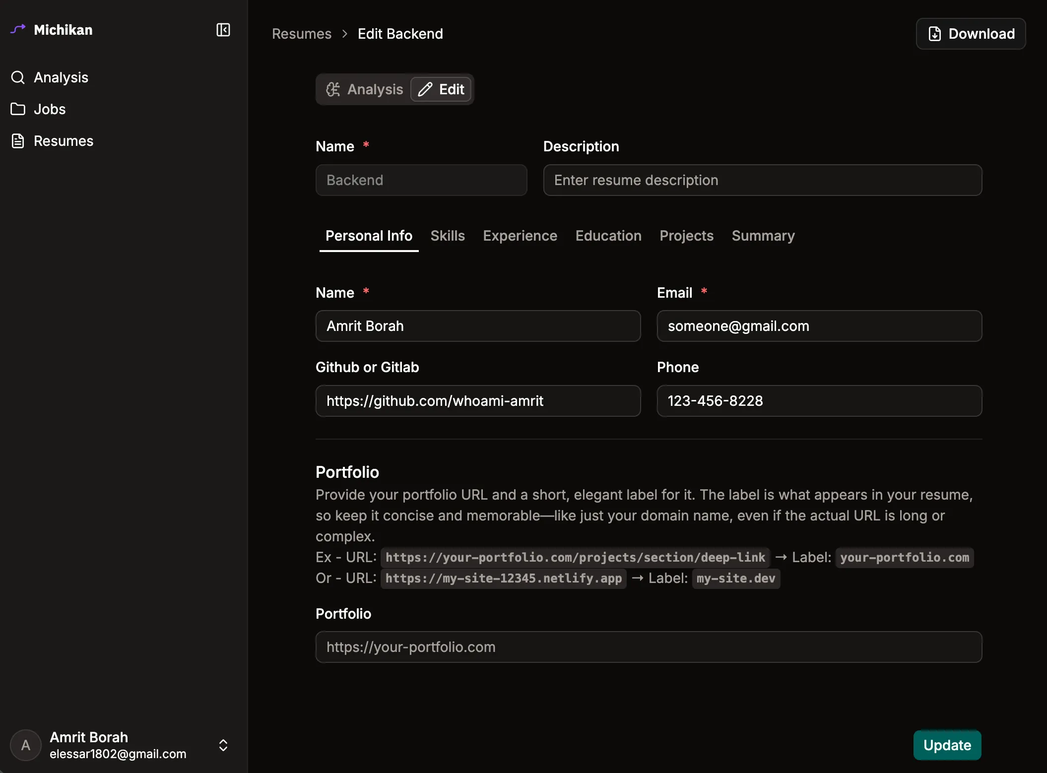 A showcase of the resume builder feature