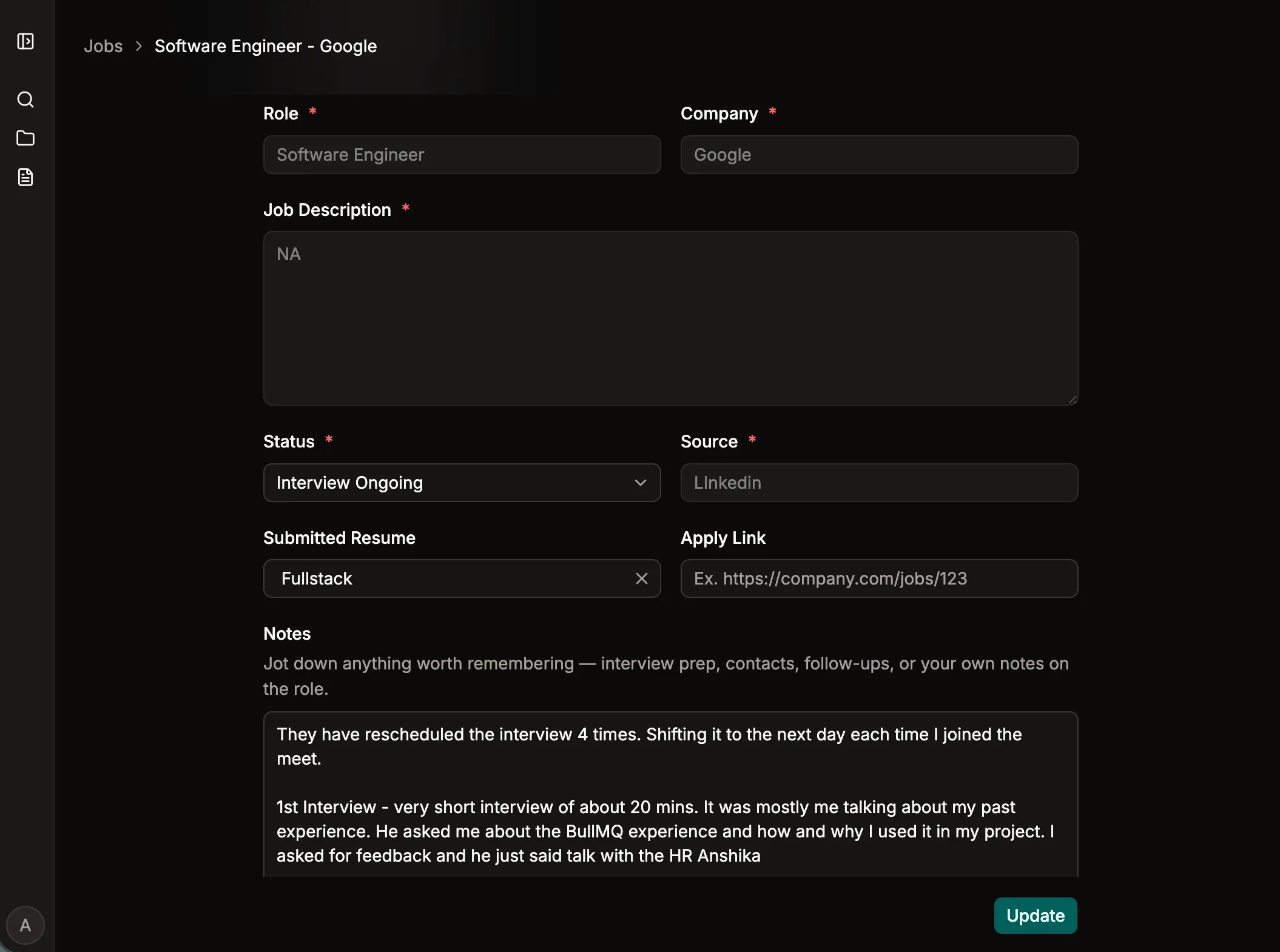 A showcase of the job application tracker feature